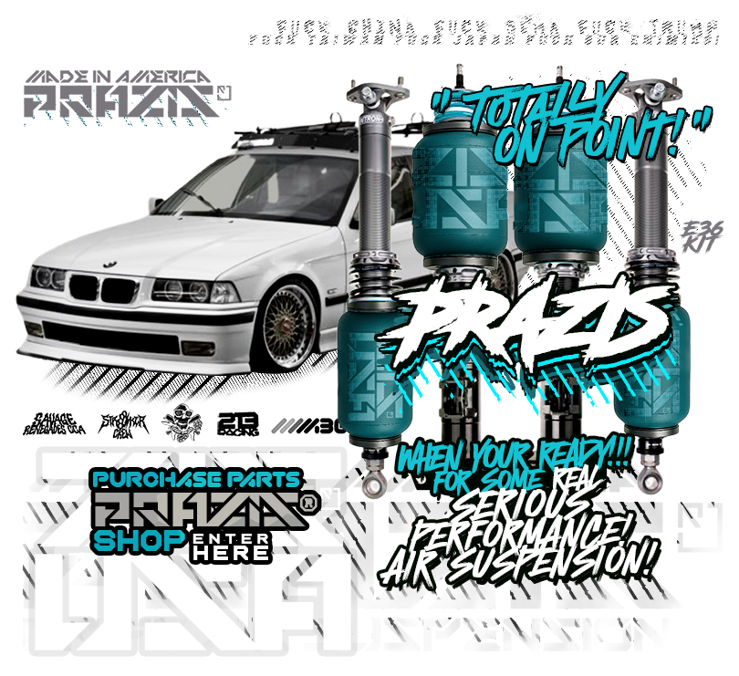 Prazis USA air suspension kit installed on a drift car