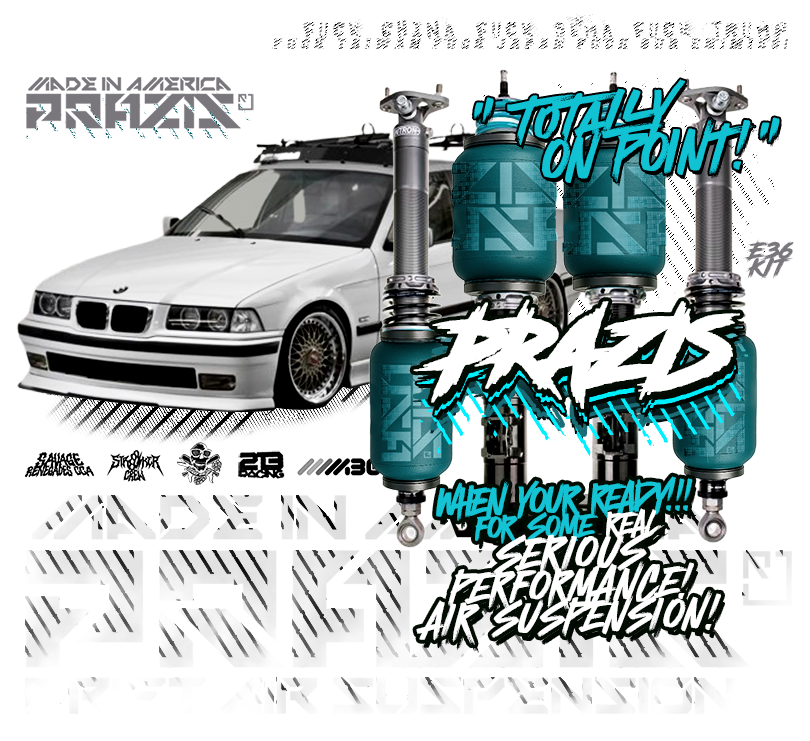 Prazis USA air suspension kit installed on a drift car
